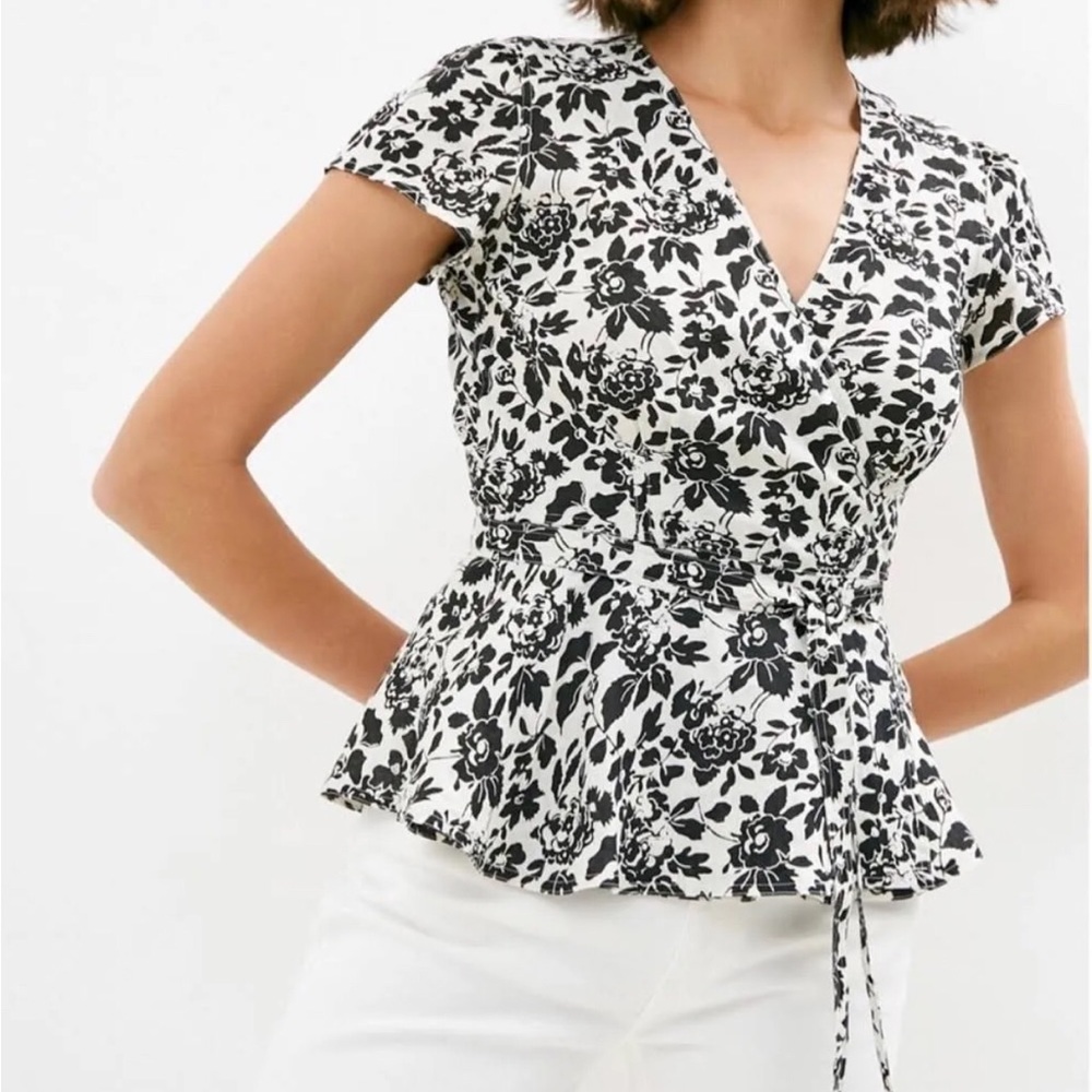 Polo Ralph Lauren Black & White Floral Linen Short Sleeve Wrap Tie Waist Blouse